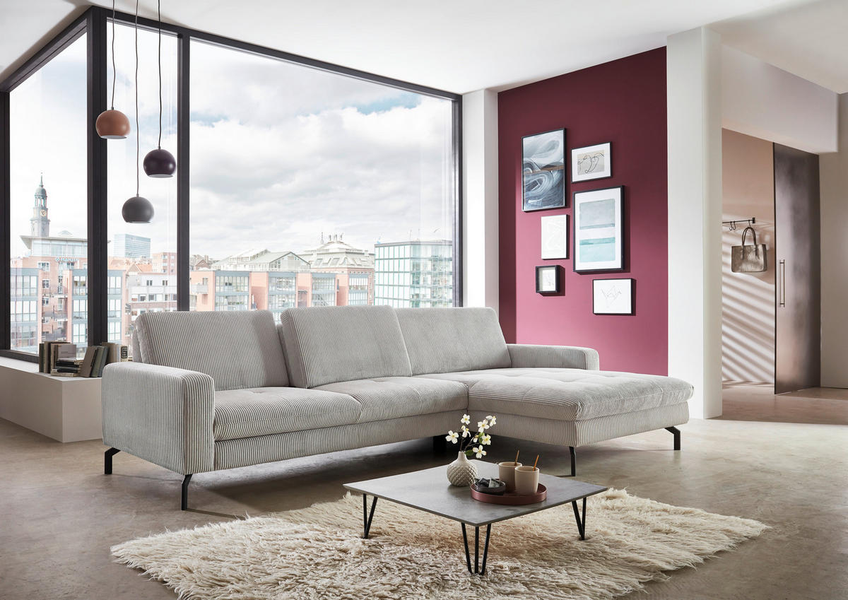 ECKSOFA in Cord Grau  - Schwarz/Grau, Design, Textil/Metall (302/178cm) - Beldomo Style