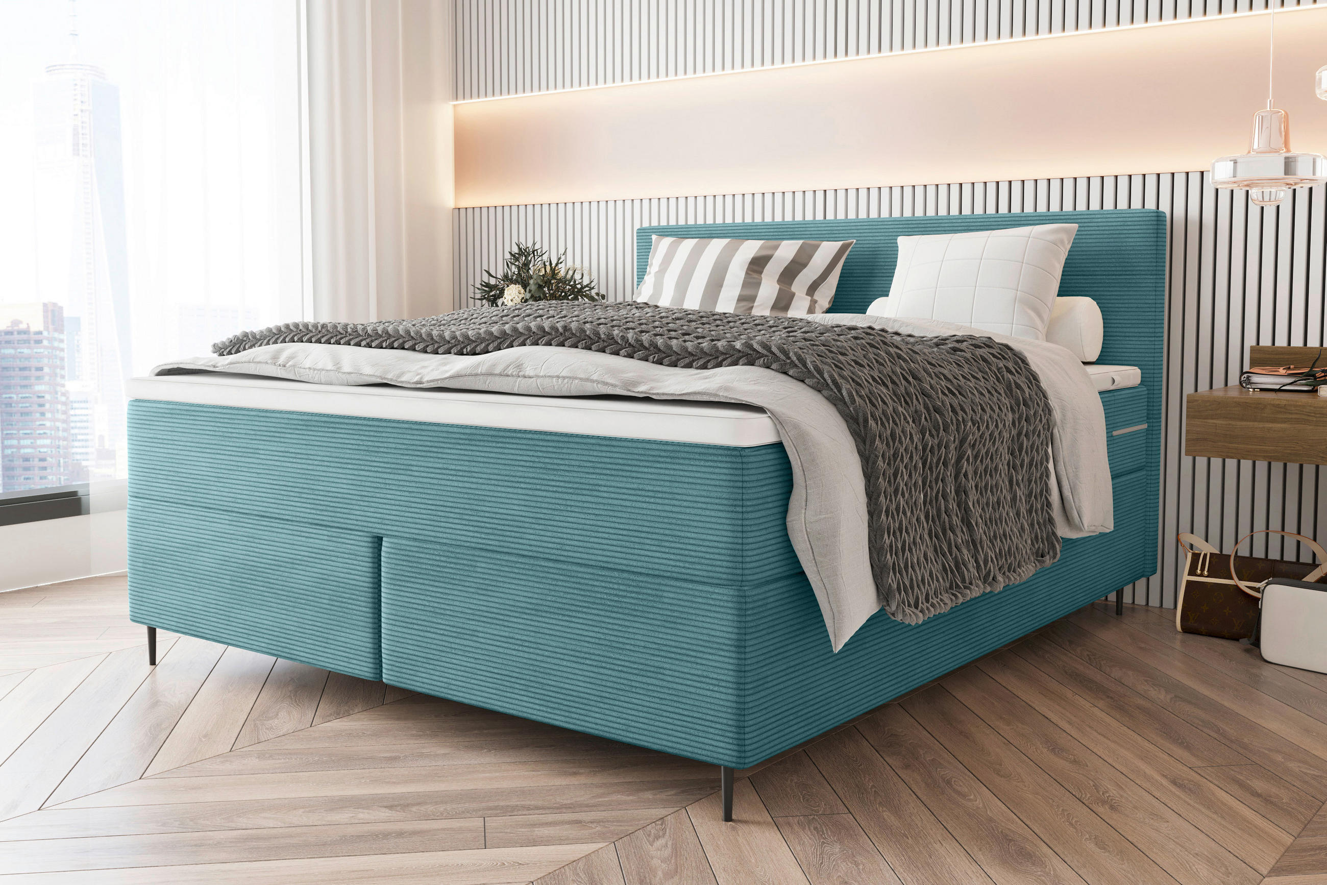 Thumbnail - Boxxx Boxspringbett, Türkis, Textil, H3, Höhe ca. 19 cm, 180x200 cm, gepolstertes Kopfteil, Stoffauswahl, Topper durchge...