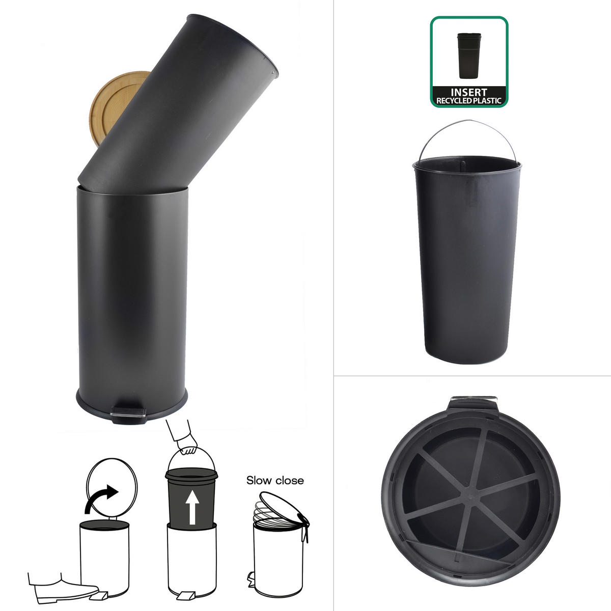 ABFALLEIMER 30 L  - Schwarz, Basics, Metall (29,5/63/29,5cm) - Spirella