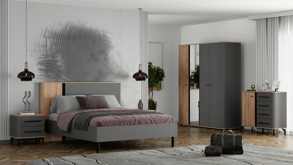 KLEIDERSCHRANK 179,5/210,5/56 cm,  in Graphitfarben, Schwarz, Eiche Artisan, 4-türig  - Graphitfarben/Schwarz, MODERN, Glas/Holzwerkstoff (179,5/210,5/56cm) - MID.YOU