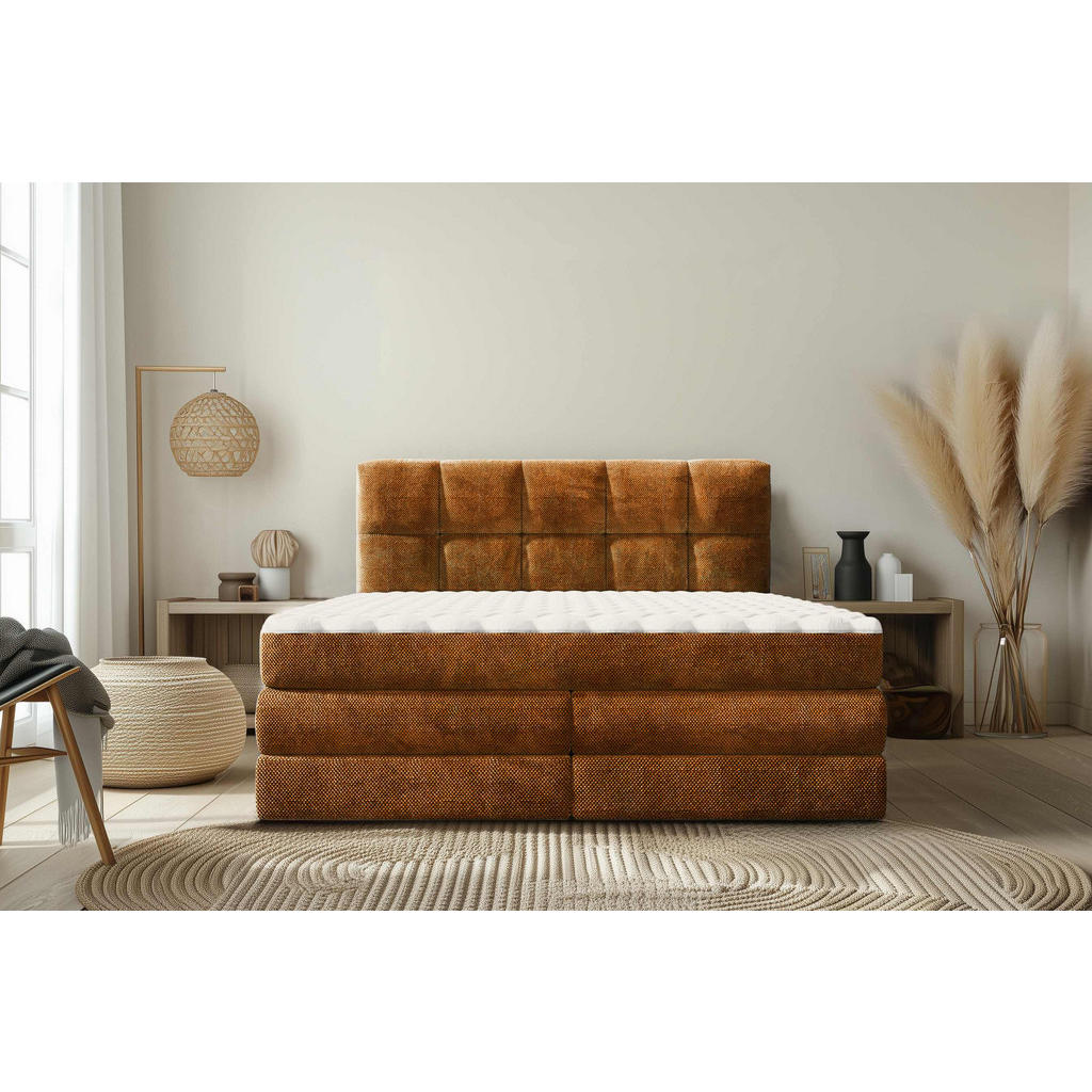 Thumbnail - Esposa Boxspringbett, Orange, Textil, H2 + H3, Höhe ca. 19 cm, 180x200 cm, gepolstertes Kopfteil, Wendematratze mit unte...