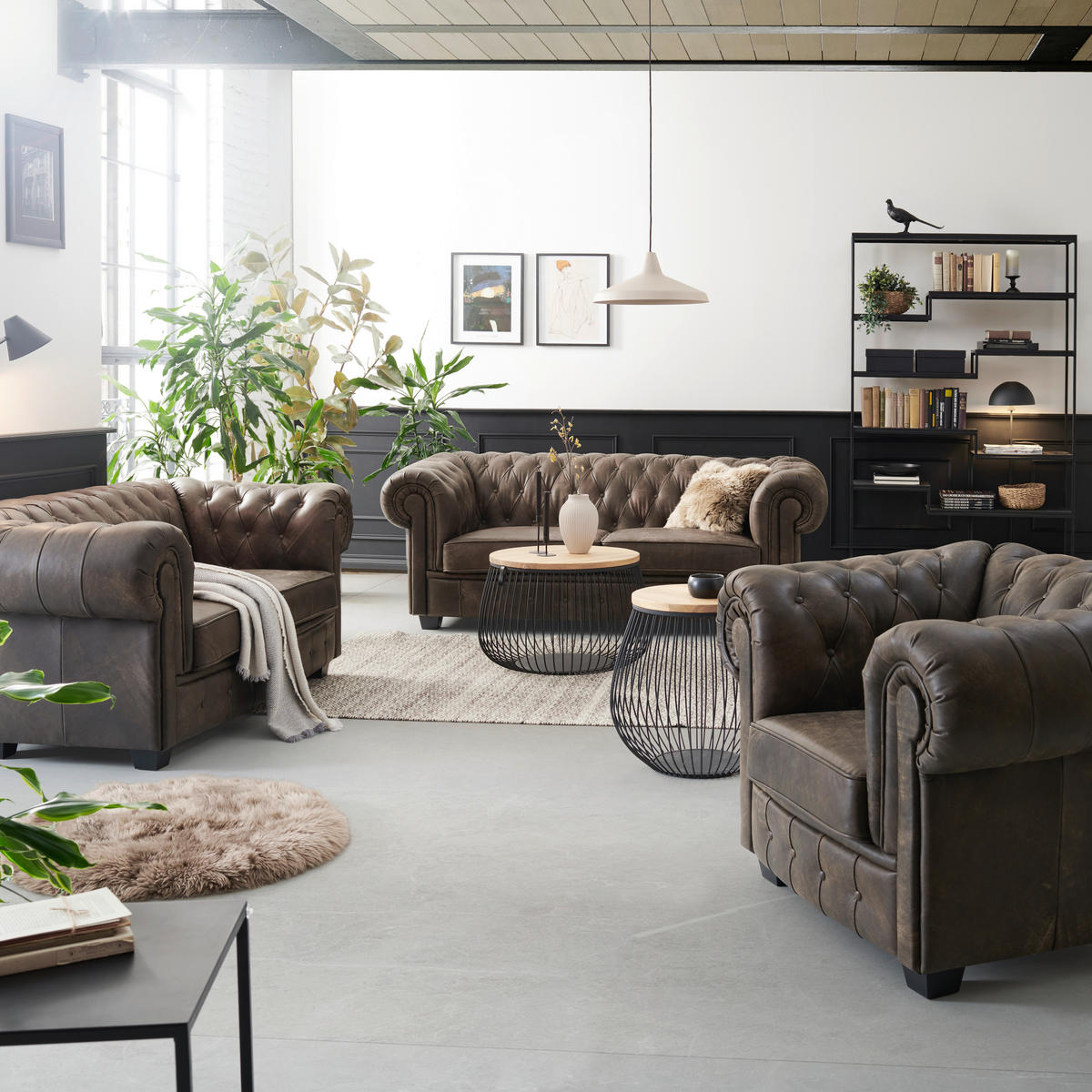 CHESTERFIELD-SOFA in Echtleder Dunkelbraun  - Wengefarben/Dunkelbraun, Lifestyle, Leder/Holz (206/76,5/96cm) - Landscape