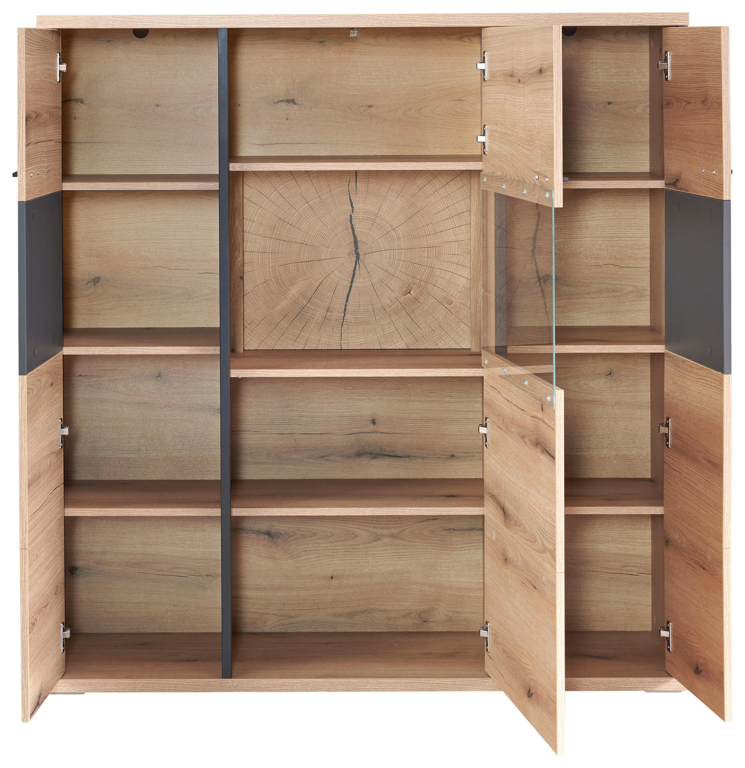 Thumbnail - Xora Highboard, Schwarz, Eiche, Dunkelgrau, Holzwerkstoff, 9 Fächer, 135x142x38 cm, Beimöbel erhältlich, stehend, Wohnzi...