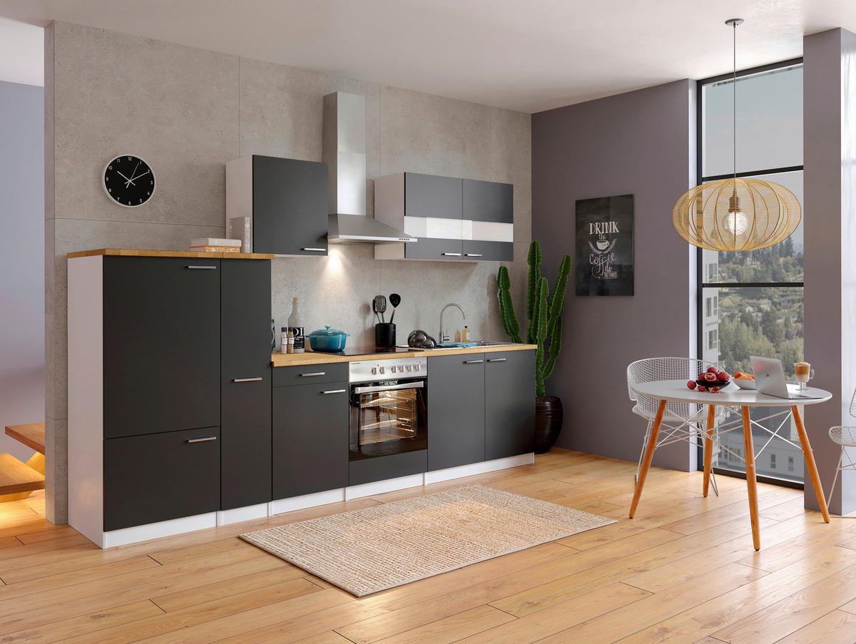 KÜCHENLEERBLOCK 300 cm   in Schwarz  - Edelstahlfarben/Nussbaumfarben, Basics, Holzwerkstoff/Metall (300cm) - Respekta