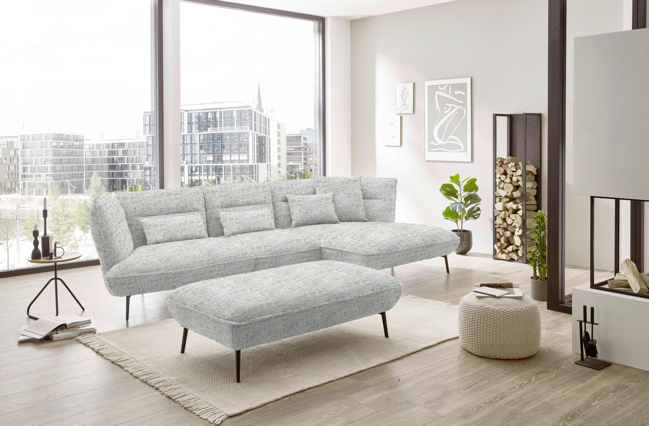 ECKSOFA in Flachgewebe Hellgrau  - Hellgrau/Schwarz, Design, Textil/Metall (339/153cm) - Moderano