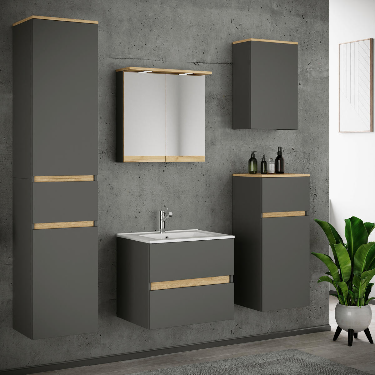 BADEZIMMER 6-teilig  in 141 cm  - Honigeiche/Anthrazit, Trend, Keramik/Holzwerkstoff (141cm) - MID.YOU