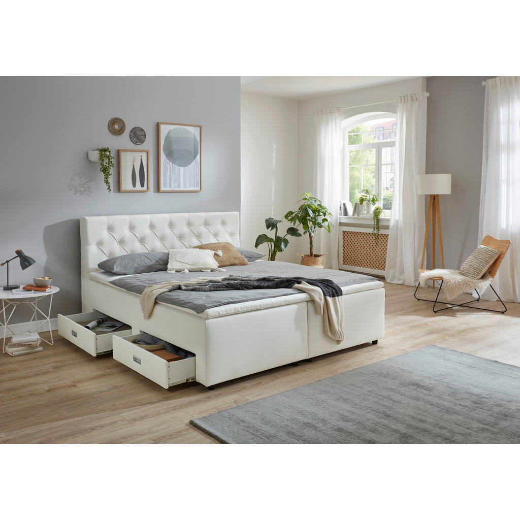Thumbnail - Mid.you Boxbett, Weiß, Textil, H2 + H3, 180x200 cm, in verschiedenen Größen erhältlich, gepolstertes Kopfteil, Topper du...