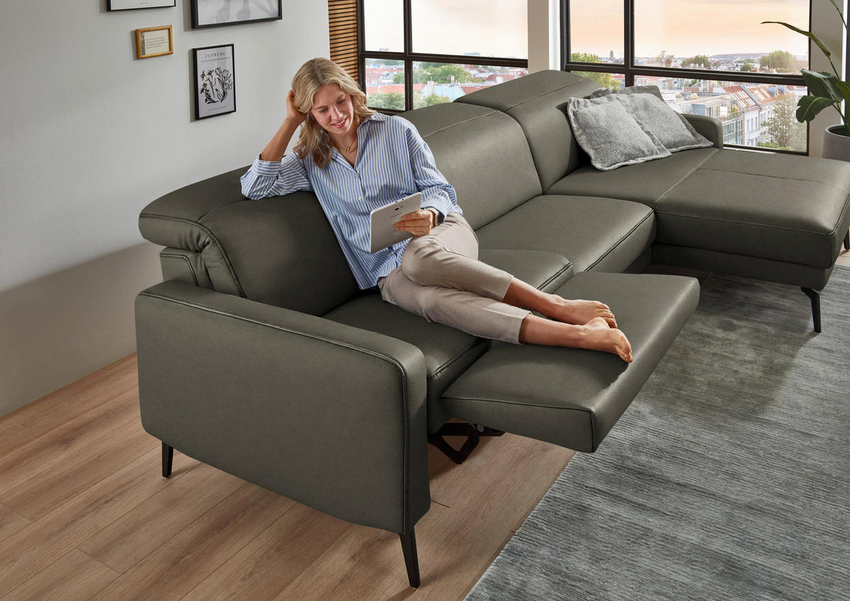 ECKSOFA  Echtleder Graubraun  - Graubraun/Schwarz, Design, Leder/Metall (323/179cm) - Dieter Knoll