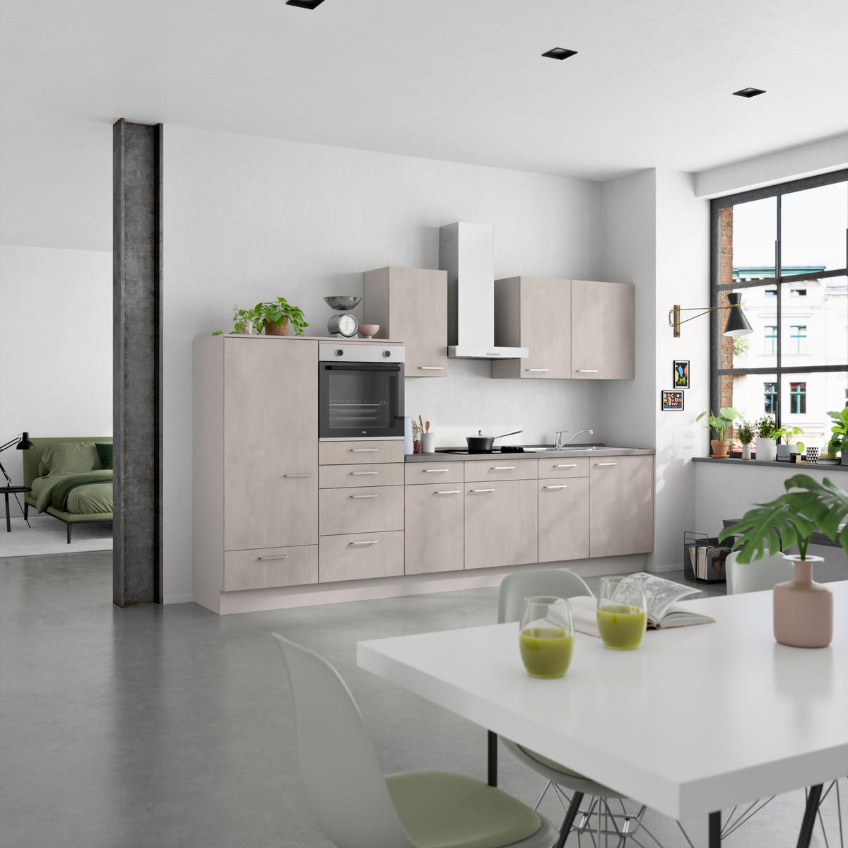 KÜCHENBLOCK 330 cm   in Grau, Schieferfarben  - Schieferfarben/Edelstahlfarben, MODERN, Holzwerkstoff/Metall (330cm) - Nobilia