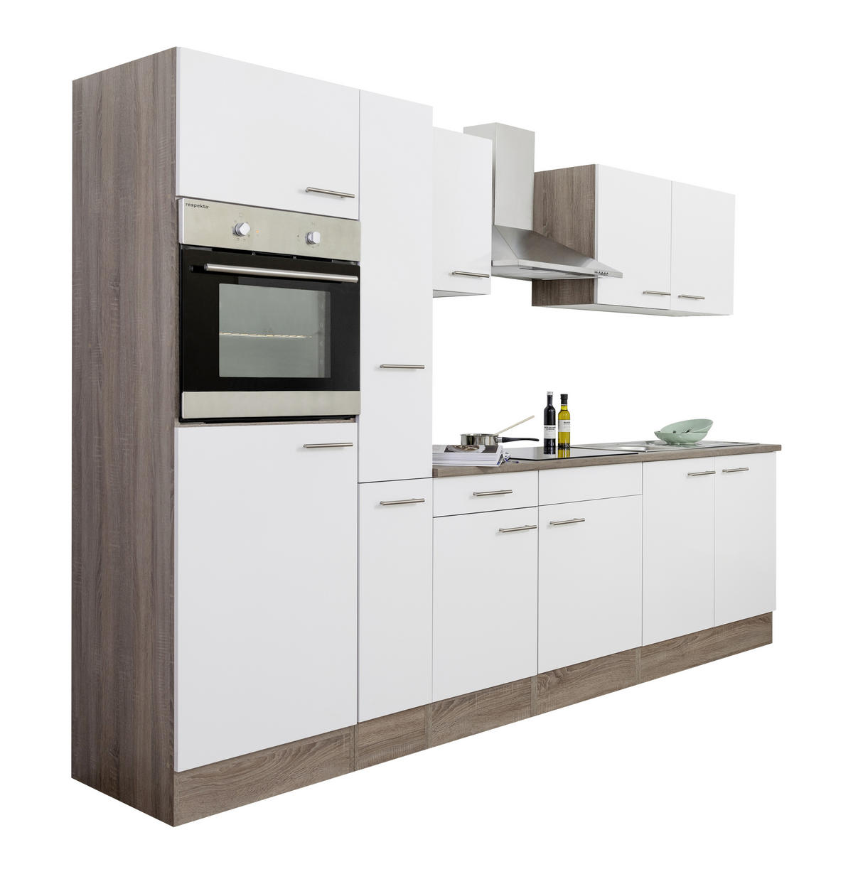 KÜCHENBLOCK 300 cm   in Weiss, Eichefarben  - Weiss/Edelstahlfarben, Design, Holzwerkstoff/Metall (300cm) - Respekta