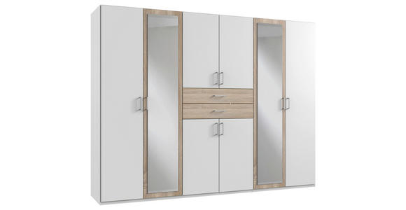 KLEIDERSCHRANK in Weiß, Eichefarben - Eichefarben/Alufarben, KONVENTIONELL, Glas/Holzwerkstoff (270/208/58cm) - Carryhome