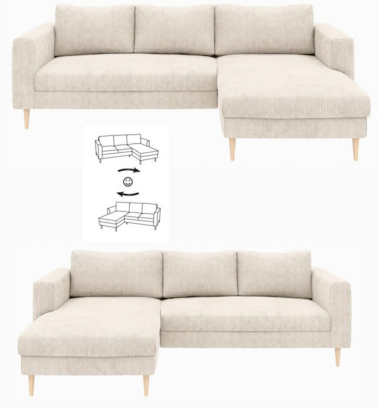 ECKSCHLAFSOFA  mit Rücken echt, Armteil links, Armteil rechts Cord Creme  - Buchefarben/Creme, MODERN, Holz/Textil (232/161cm) - Trendmanufaktur