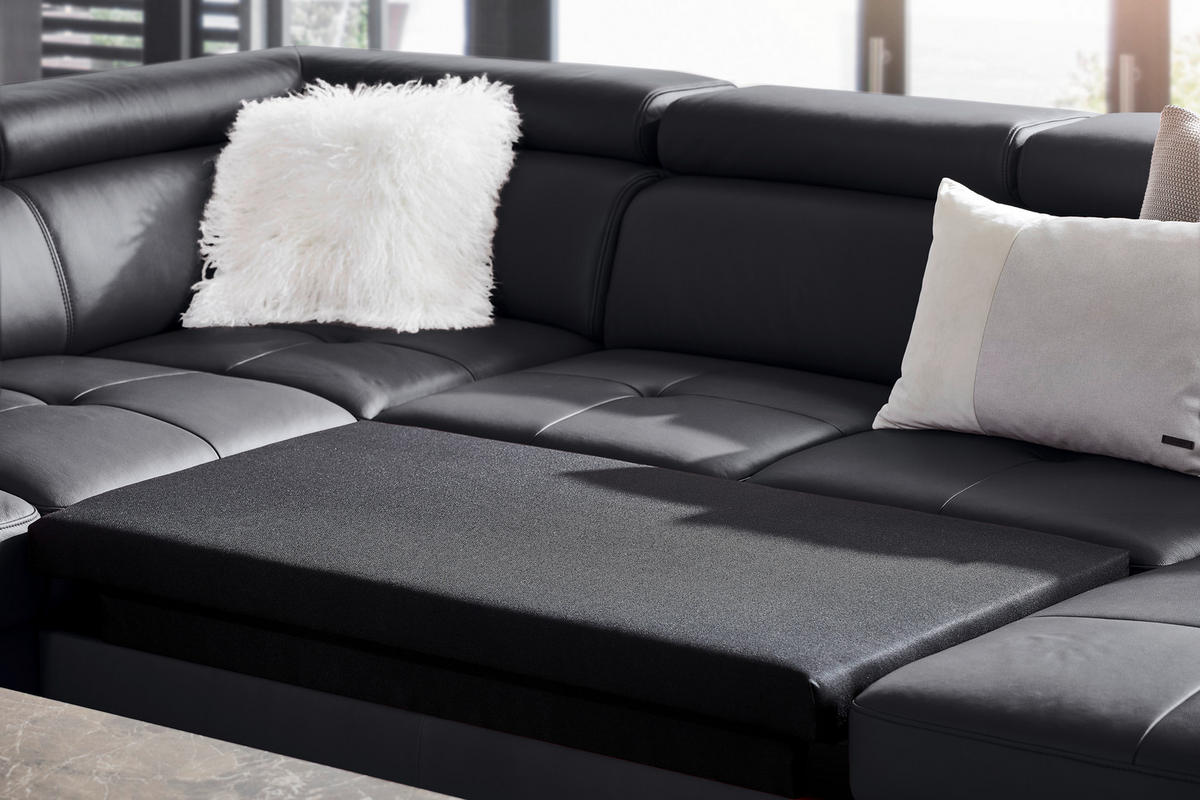 Wohnlandschaft inkl.Funktionen Schwarz Kombination Echtleder/Lederlook Lederlook  - Chromfarben/Schwarz, Design, Leder/Textil (157/334/212cm) - Stylife