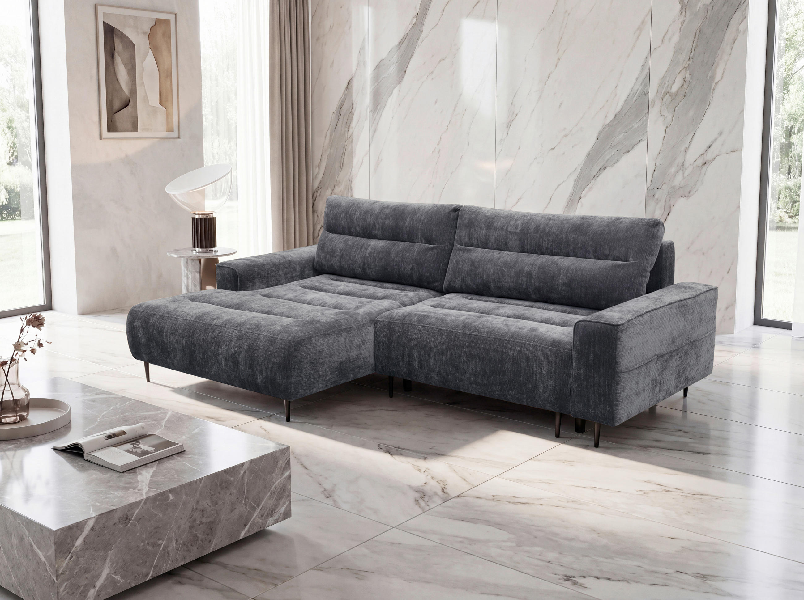 ECKSOFA PABLO Grau Struktur Bettkasten, Rückenkissen  - Schwarz/Grau, Design, Holz/Textil (160/260cm) - MID.YOU