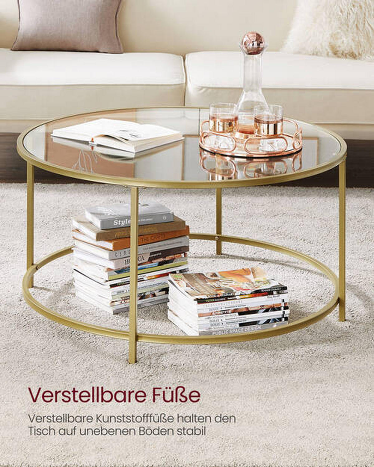 COUCHTISCH Hartglas 84/84/45,5 cm rund Klar, Goldfarben  - Klar/Goldfarben, Trend, Glas/Metall (84/84/45,5cm) - Boxxx