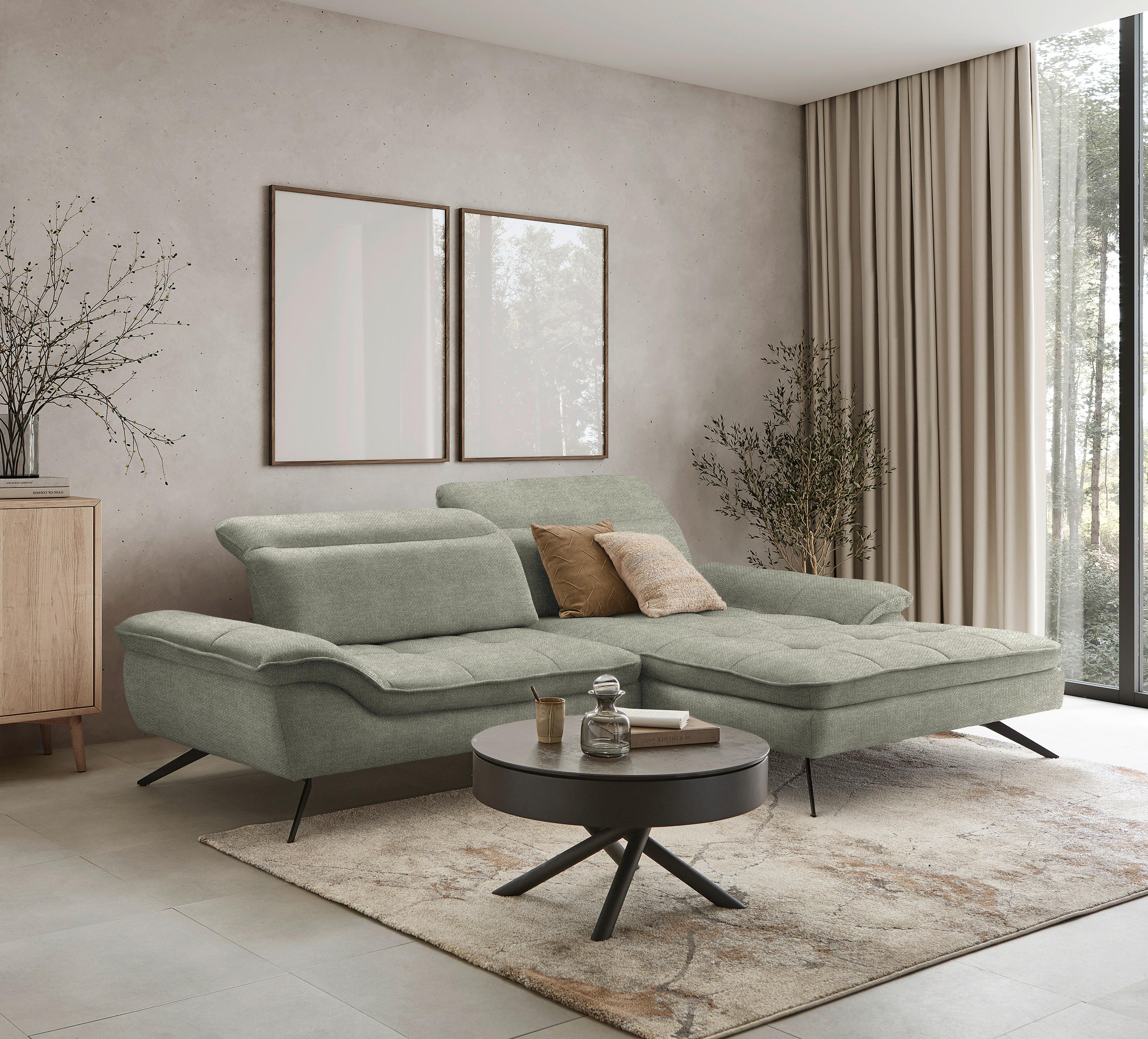 ECKSOFA in Webstoff Greige  288/179-202 cm  - Greige/Schwarz, Design, Textil/Metall (288/179-202cm) - Stylife