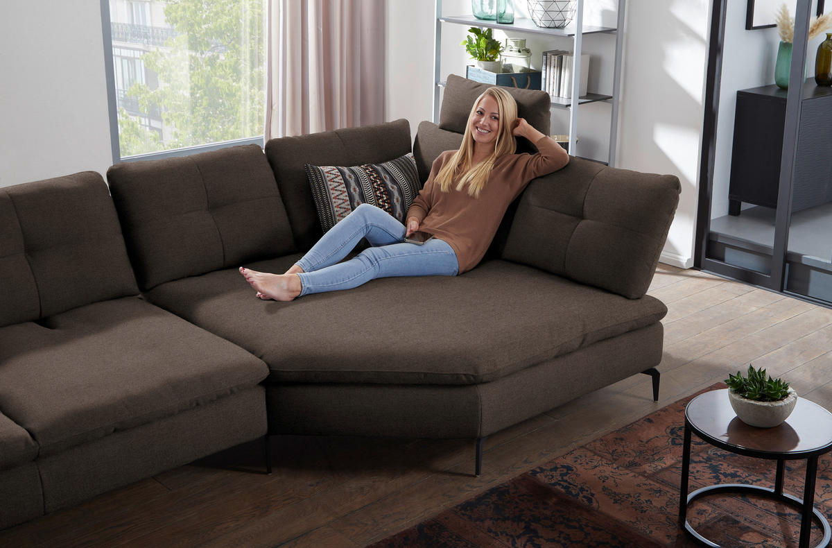 ECKSOFA in Flachgewebe Dunkelbraun  - Dunkelbraun/Schwarz, Design, Textil/Metall (344/157cm) - Chilliano