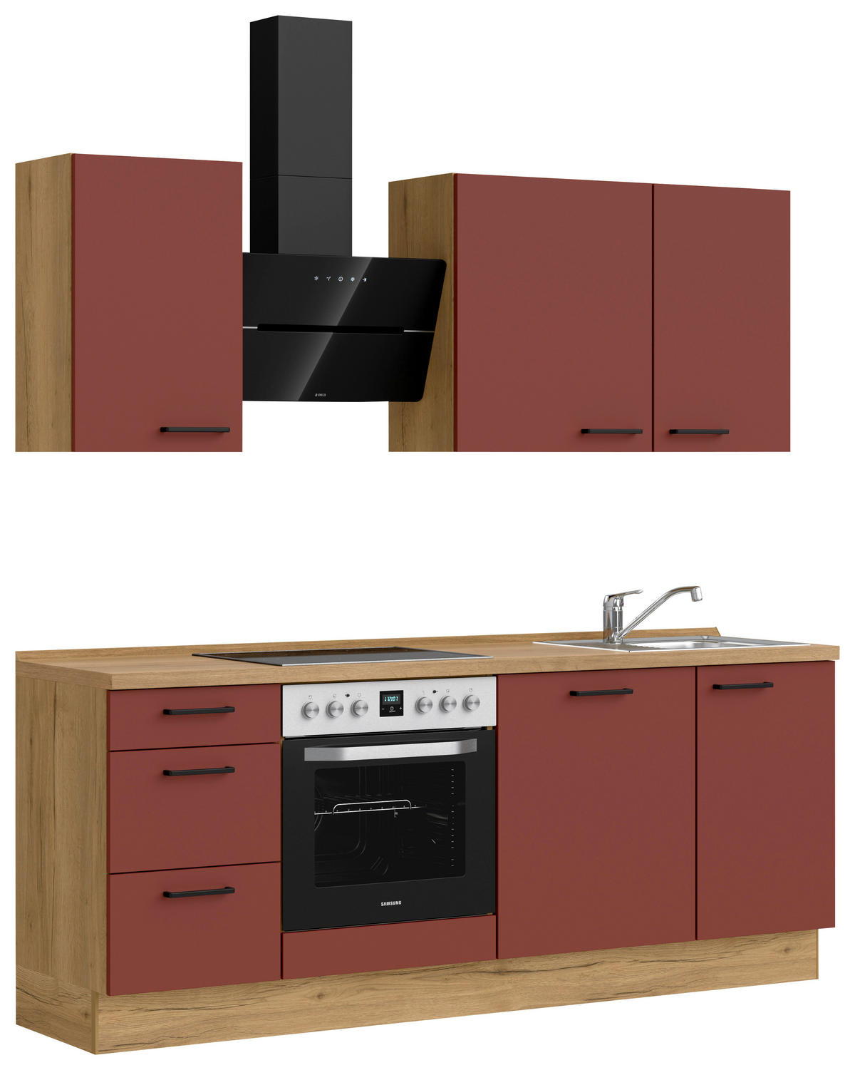 KÜCHENBLOCK Easytouch 210 cm  in Eichefarben, Dunkelrot  - Eichefarben/Schwarz, MODERN, Holzwerkstoff/Metall (210cm) - Nobilia