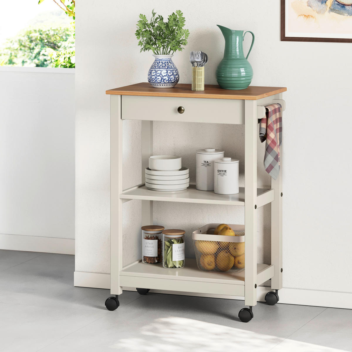 SERVIERWAGEN Pinie massiv Braun, Beige  - Beige/Zinkfarben, MODERN, Holz/Kunststoff (65/90,6/40cm) - Livetastic