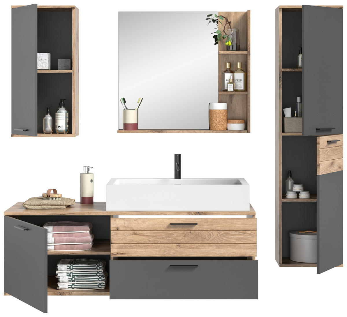 BADEZIMMER 4-teilig  in 177 cm  - Eichefarben/Weiß Hochglanz, MODERN, Glas/Keramik (177cm) - MID.YOU