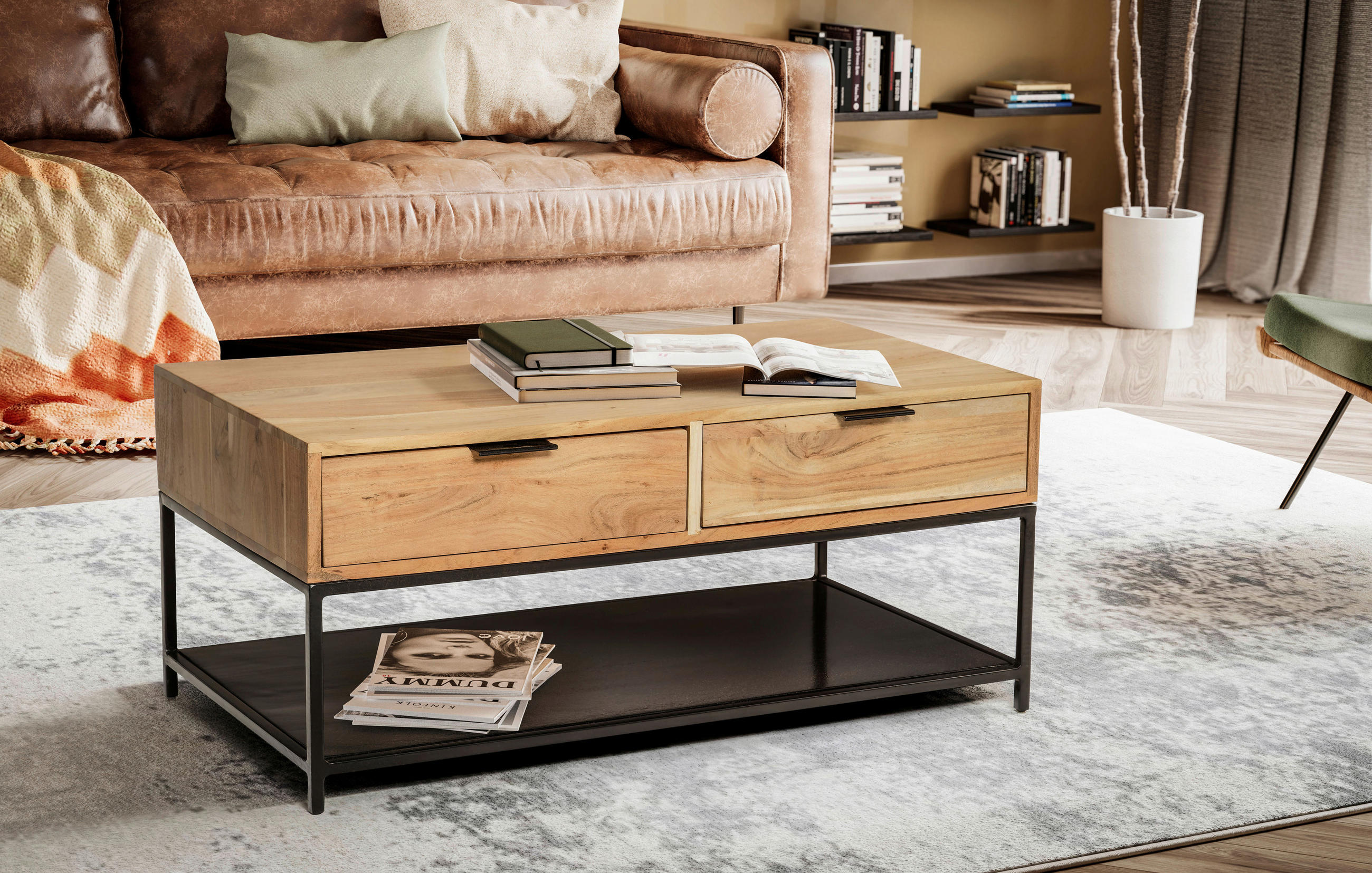 COUCHTISCH Akazie massiv 90/50/40 cm rechteckig Akaziefarben  - Schwarz/Akaziefarben, Design, Holz/Metall (90/50/40cm) - MID.YOU