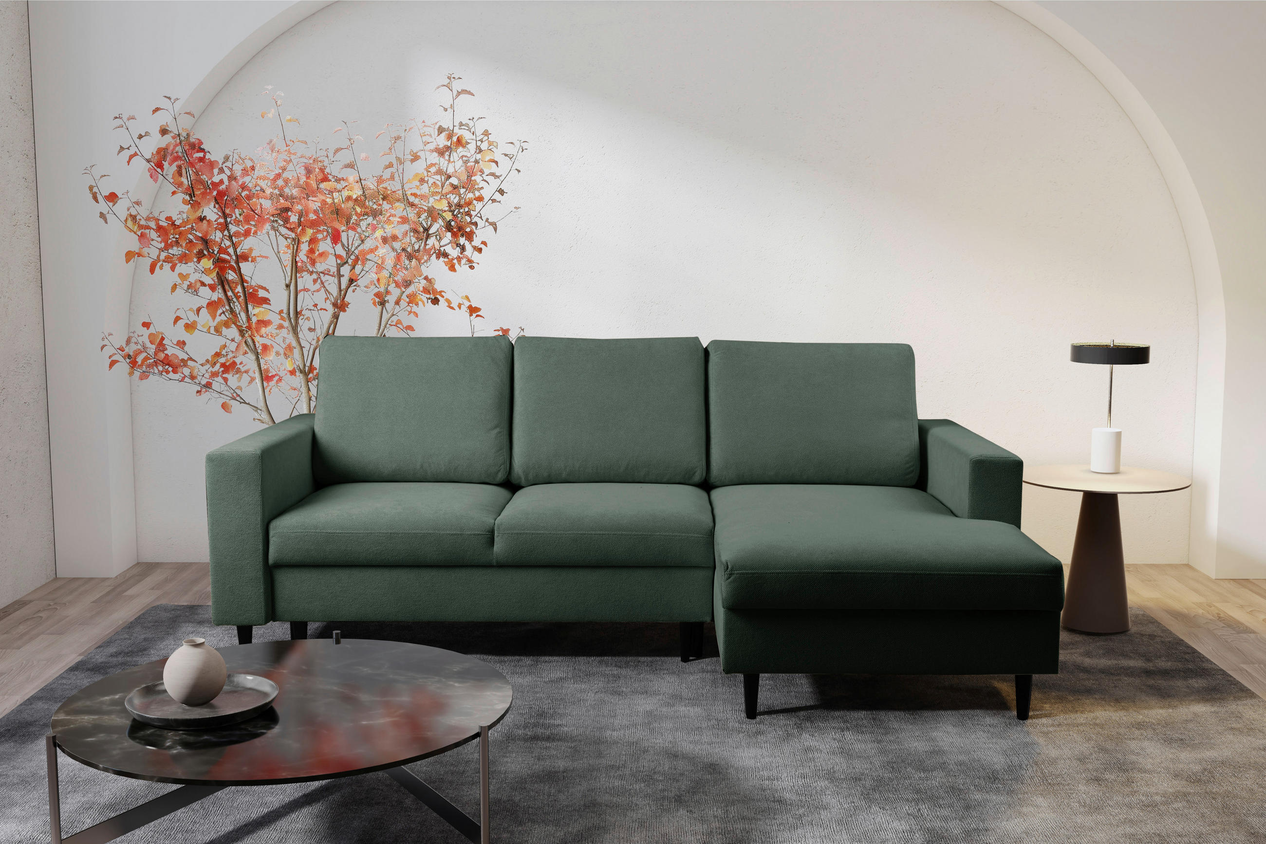 ECKSOFA in Struktur Dunkelgrün  - Dunkelgrün/Schwarz, MODERN, Holz/Kunststoff (230/145cm)