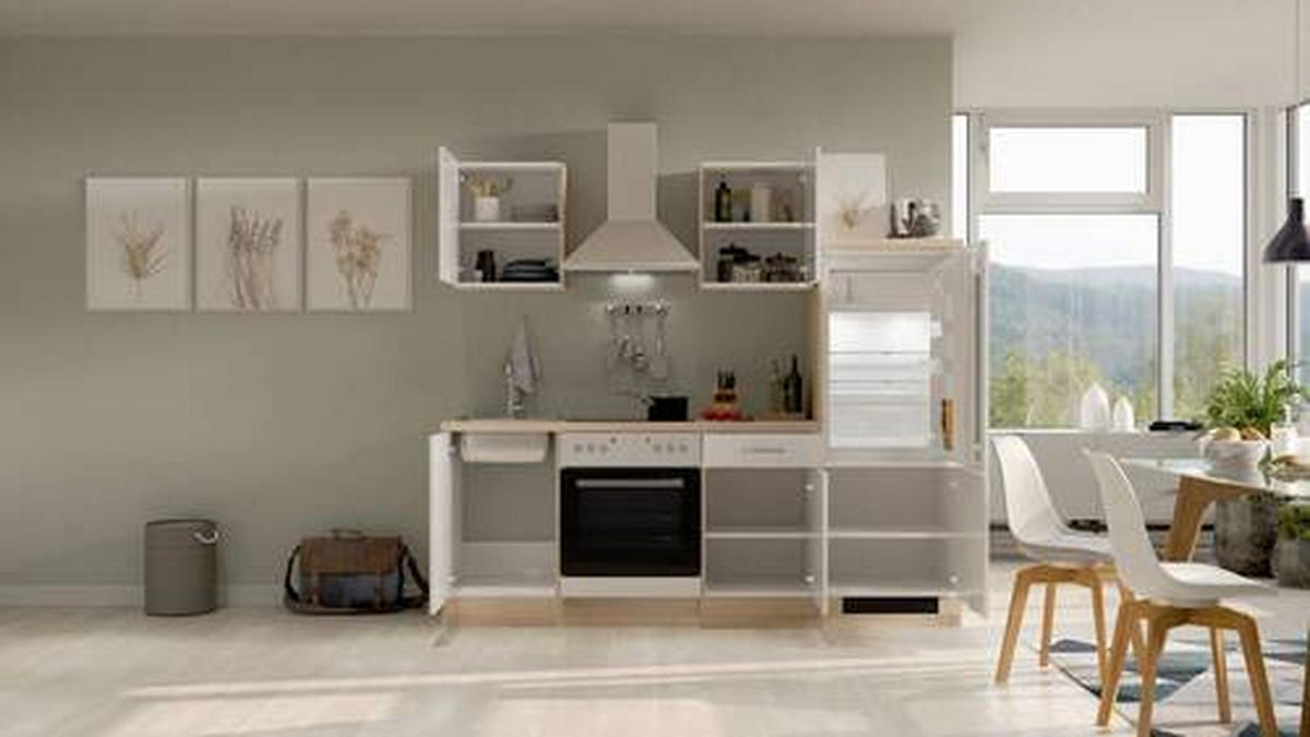 KUCHYNSKÁ LINKA VALERO 220 - biela s vysokým leskom/farba ušľachtilej ocele, Modern, kov/kompozitné drevo (220cm) - FlexWell