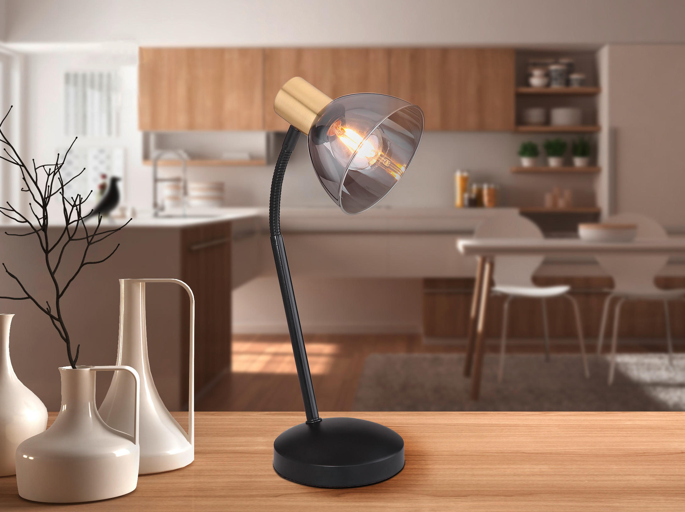 TISCHLEUCHTE - Schwarz/Bronzefarben, Design, Glas/Metall (18,5/18,5/41cm) - Globo