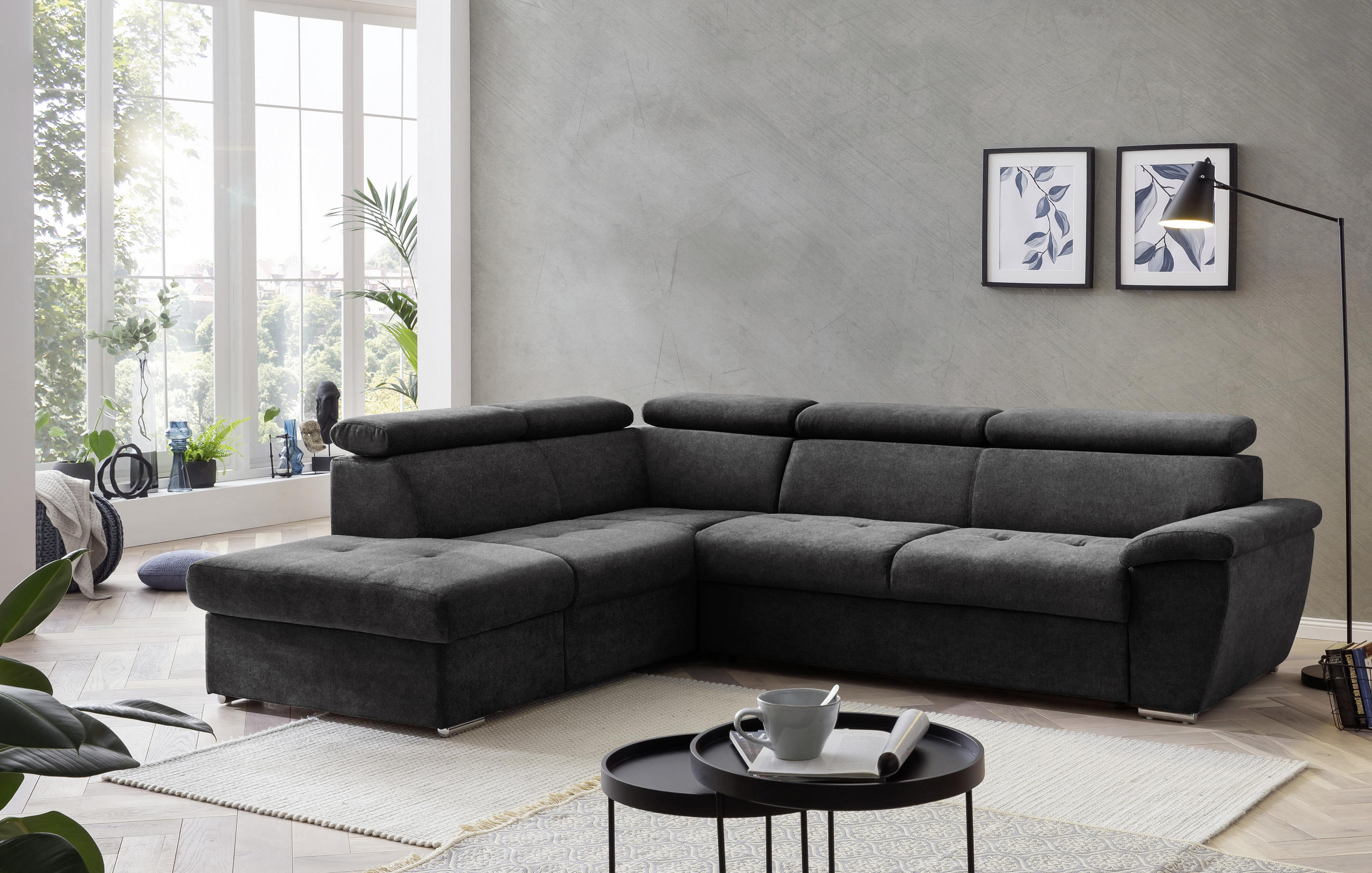 ECKSOFA in Mikrofaser Schwarz  - Chromfarben/Schwarz, Design, Textil/Metall (216/262cm) - Livetastic