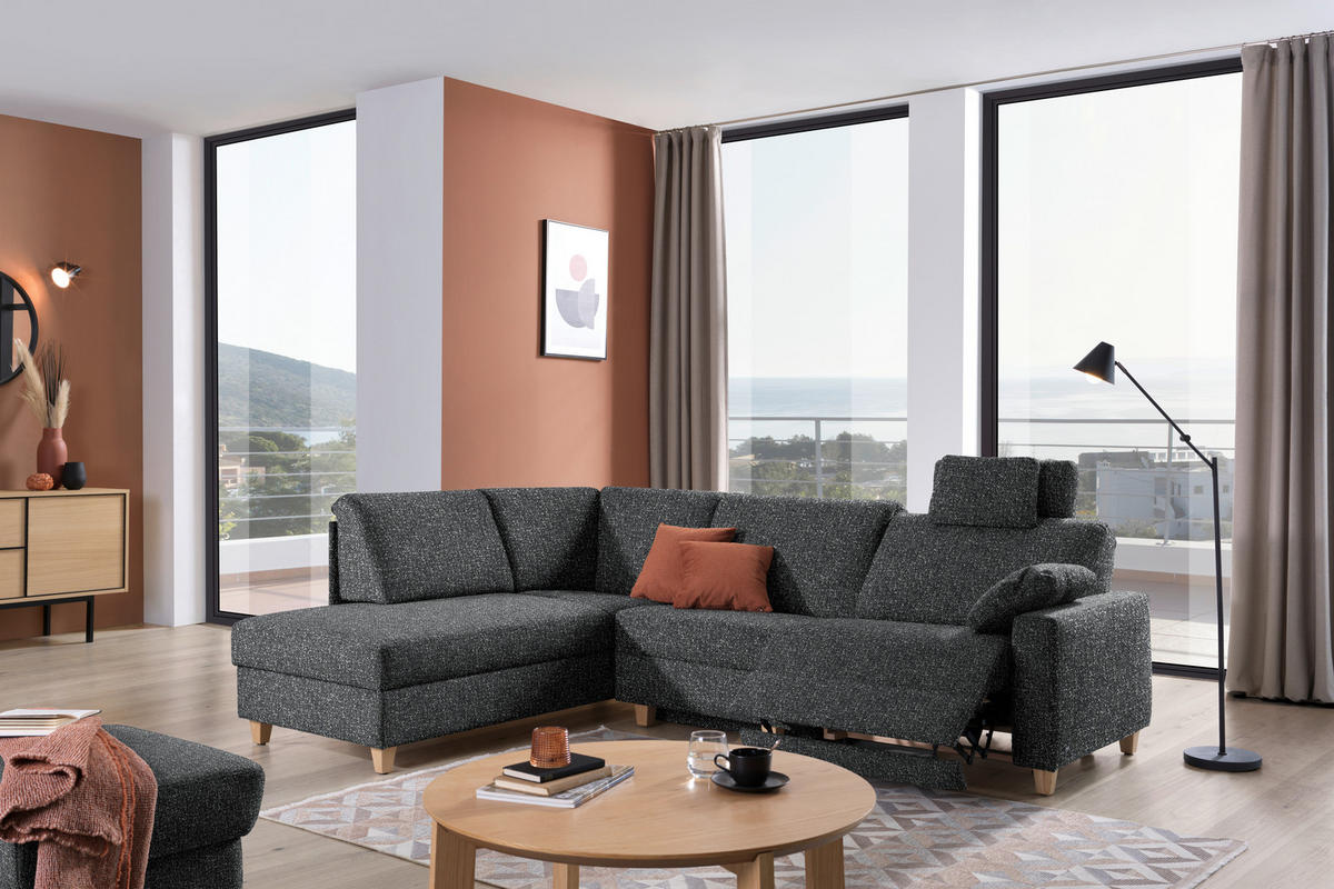 ECKSOFA  in Mikrovelours Anthrazit  203/261 cm  - Eichefarben/Anthrazit, KONVENTIONELL, Holz/Textil (203/261cm) - Sedda