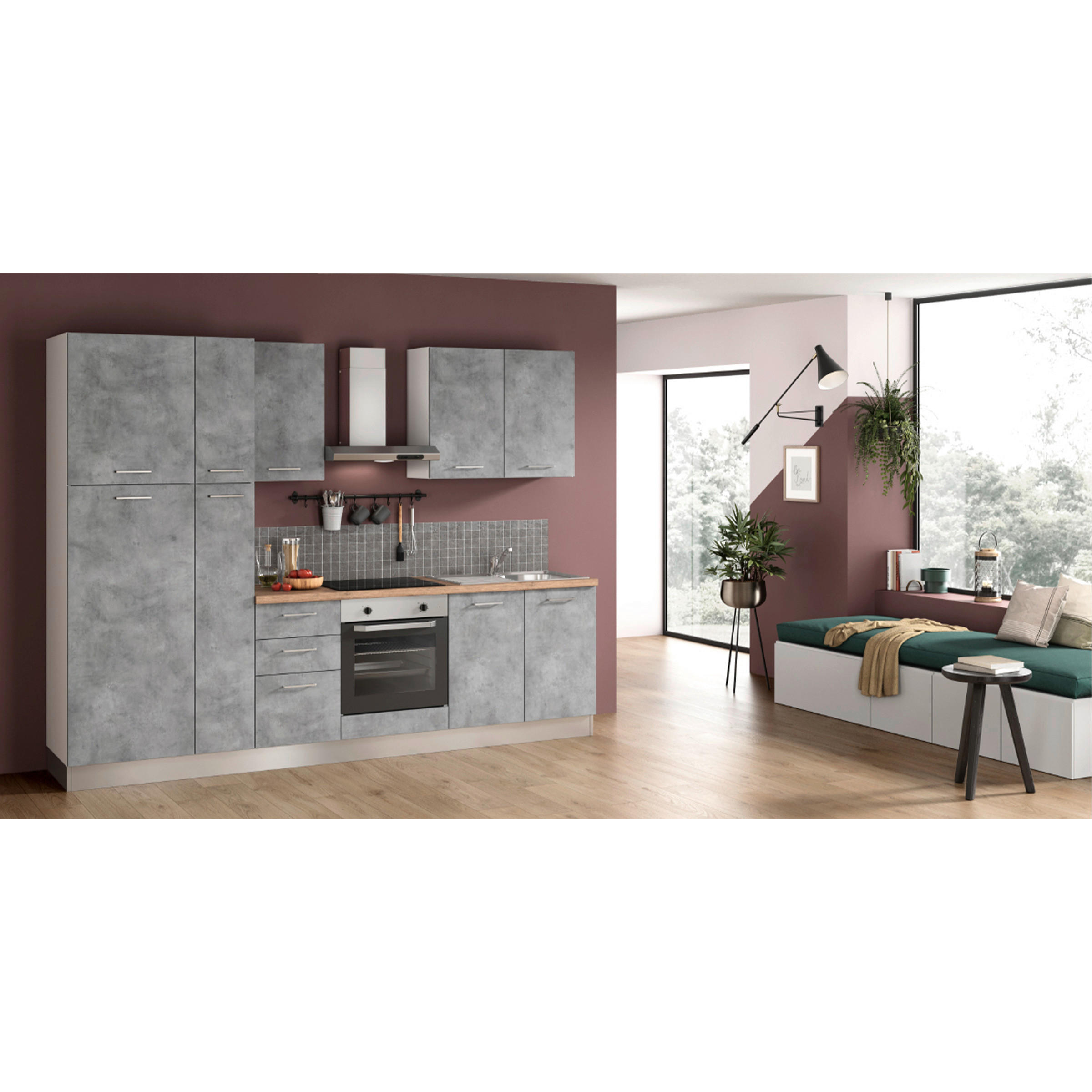 KÜCHENBLOCK 285 cm   in Weiß, Hellgrau, Eiche Bianco  - Eiche Bianco/Edelstahlfarben, LIFESTYLE, Holzwerkstoff/Kunststoff (285cm) - MID.YOU