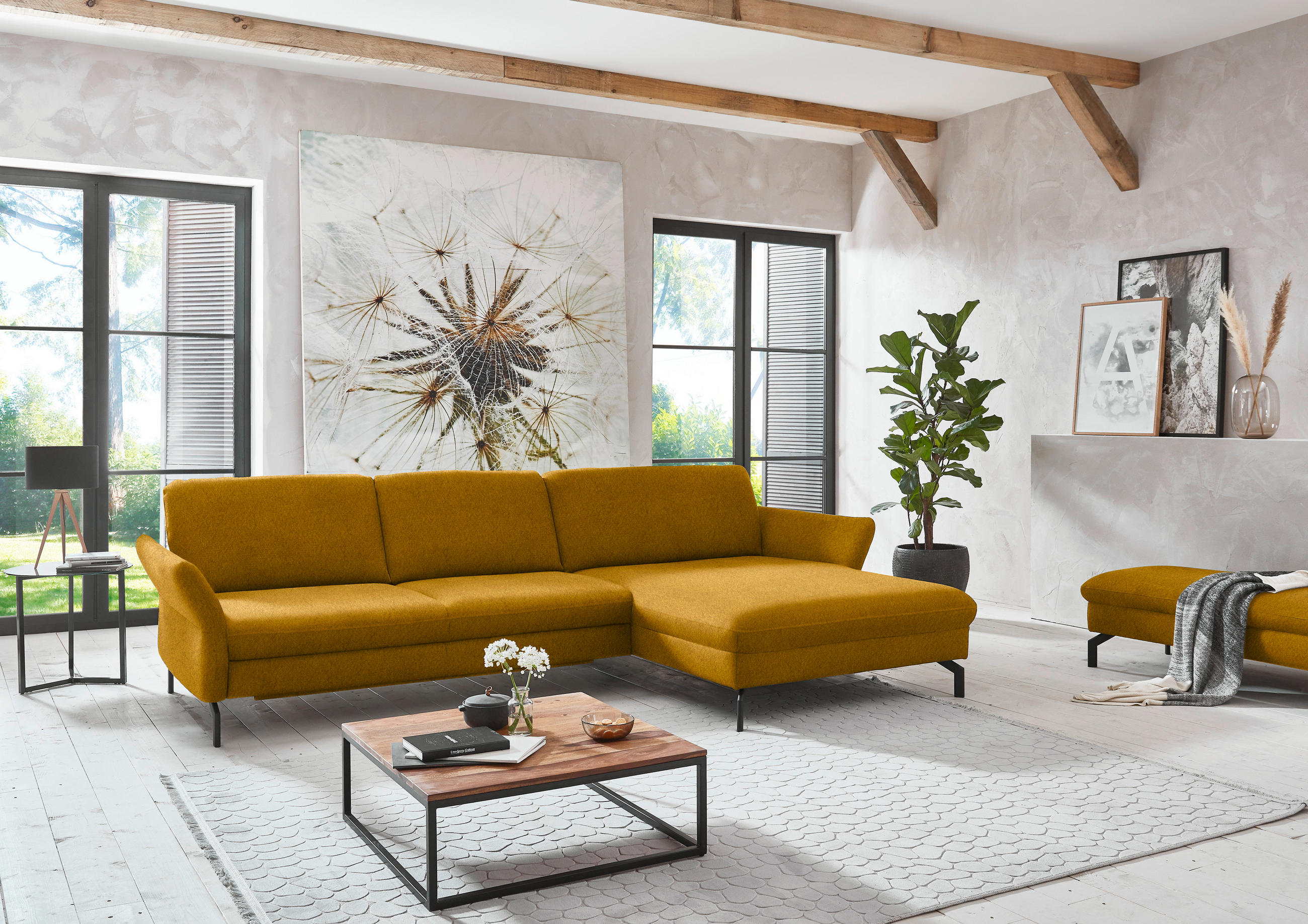 ECKSOFA in Velours Currygelb  - Currygelb/Schwarz, Design, Textil/Metall (306/179cm) - Beldomo System
