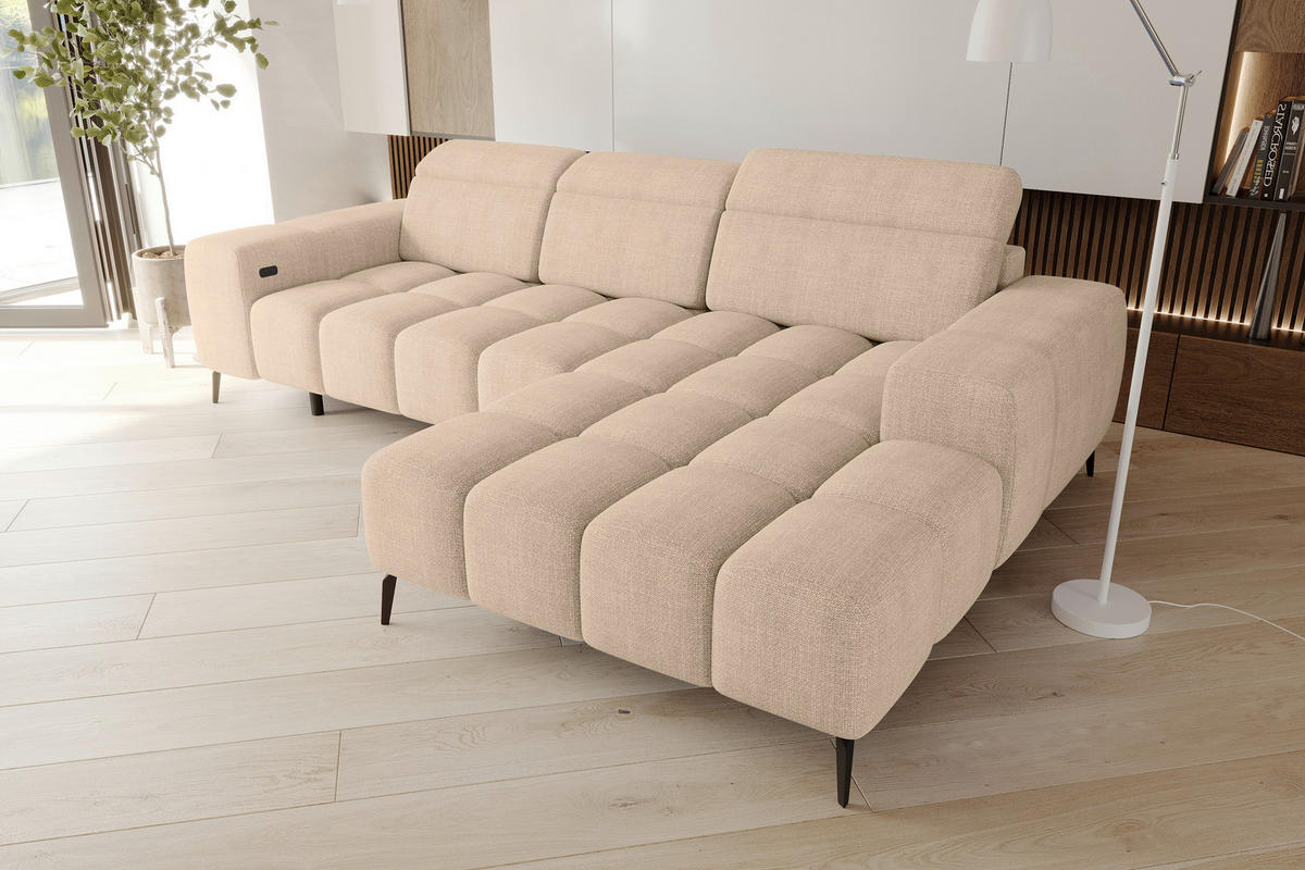 ECKSOFA Beige Flachgewebe Rücken echt, Kopfteilverstellung, Sitztiefenverstellung  - Beige/Schwarz, KONVENTIONELL, Kunststoff/Textil (273/171cm) - Carryhome