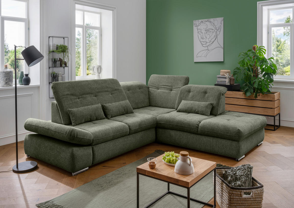 ECKSOFA in Chenille Dunkelgrün  - Chromfarben/Dunkelgrün, Design, Textil/Metall (280/254cm) - Livetastic