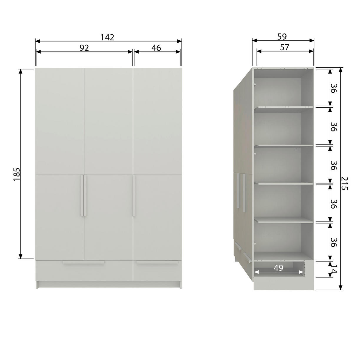 GARDEROBENSCHRANK Pure  in 142/215/60 cm  - Hellgrau, Design, Holz (142/215/60cm) - Livetastic