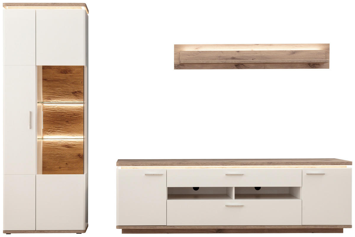 WOHNWAND 3-teilig  in Weiss, Eichefarben 295/208/50 cm  - Weiss/Eichefarben, Design, Glas/Holzwerkstoff (295/208/50cm) - Livetastic