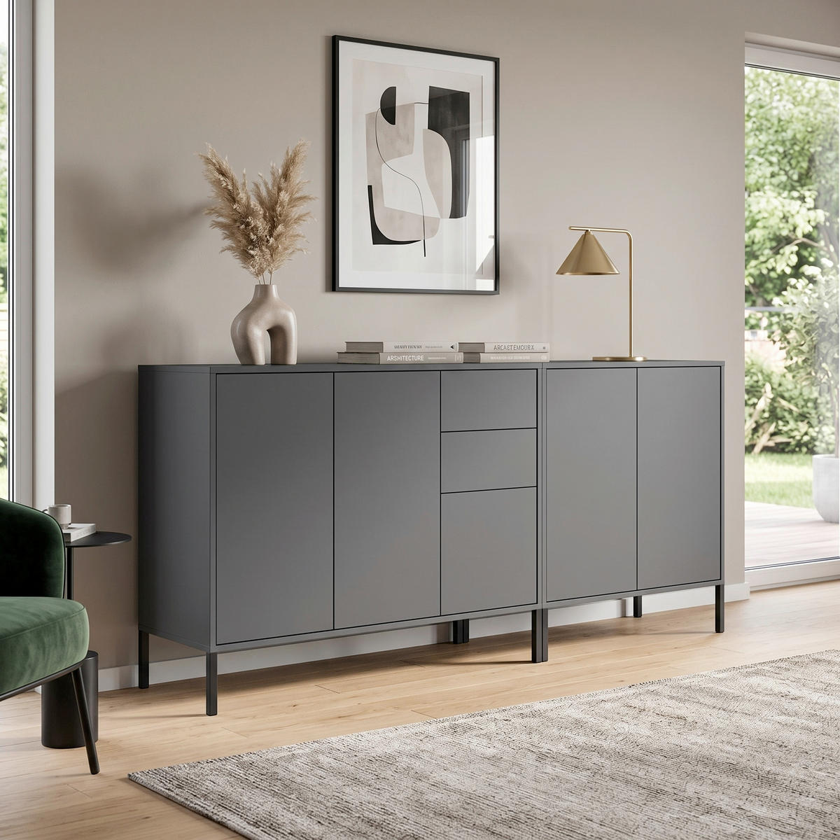 SIDEBOARD Mailand Set 10 + MF 184,5/86/33 cm 2 Schublade(n)  - Anthrazit, MODERN, Holzwerkstoff/Metall (184,5/86/33cm) - MID.YOU