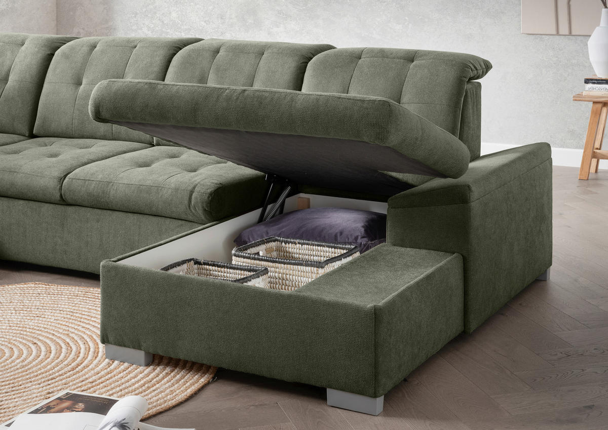 WOHNLANDSCHAFT in Chenille Dunkelgrün  - Chromfarben/Dunkelgrün, Modern, Kunststoff/Textil (212/330/169cm) - Livetastic