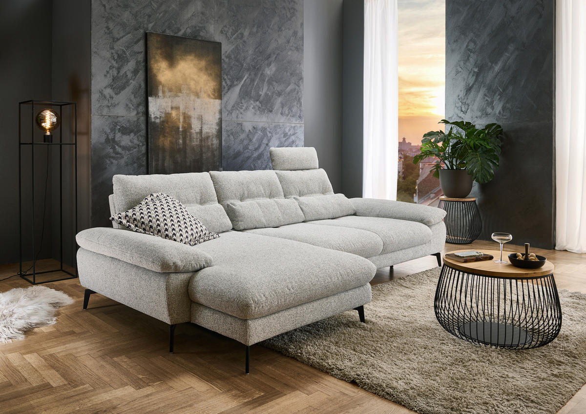 ECKSOFA Hellgrau Flachgewebe  - Hellgrau/Schwarz, Design, Textil/Metall (168/303cm) - Valdera