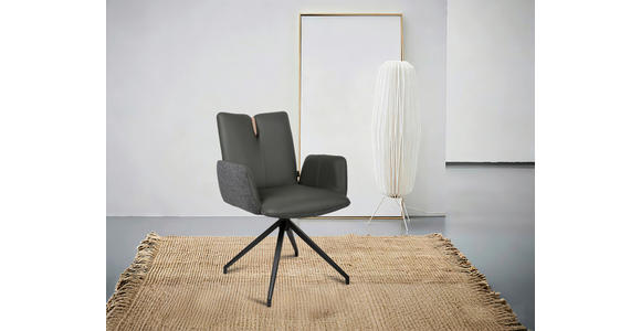 ARMLEHNSTUHL  Sitzfläche 360° drehbar, automatische Rückholfunktion Bouclé Echtleder  - Anthrazit/Schwarz, Design, Leder/Holz (62/87/63cm) - Valnatura
