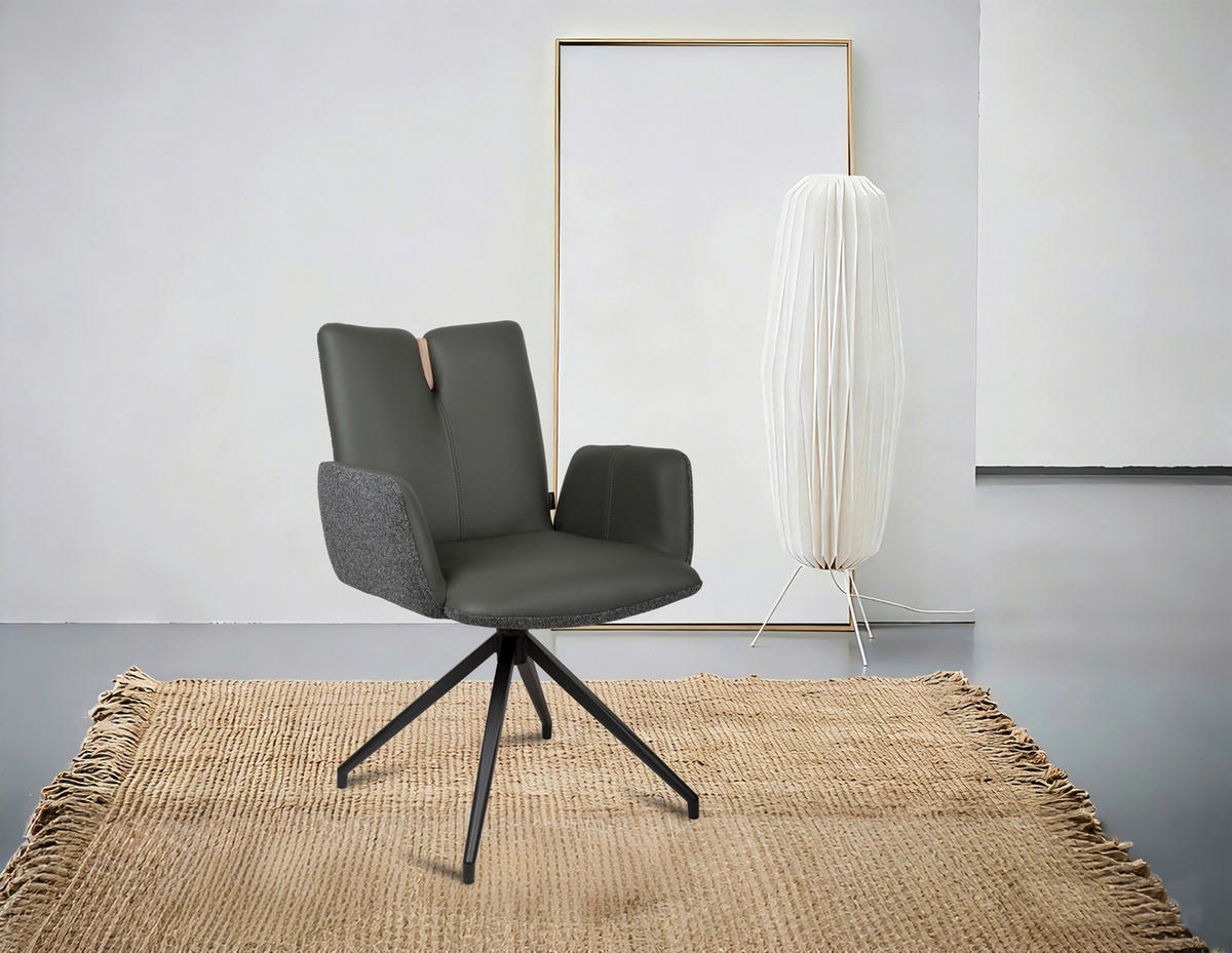 ARMLEHNSTUHL  Sitzfläche 360° drehbar, automatische Rückholfunktion Bouclé Echtleder  - Anthrazit/Schwarz, Design, Leder/Holz (62/87/63cm) - Valnatura