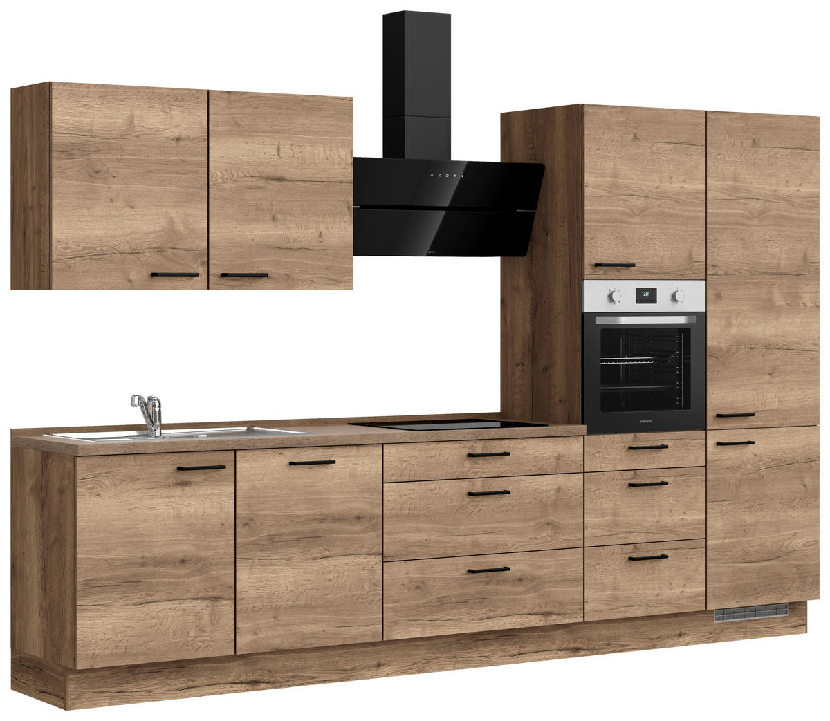 Bucătărie Fără Electrocasnice  - stejar închis la culoare/negru, Modern, metal/material pe bază de lemn (330cm) - Nobilia