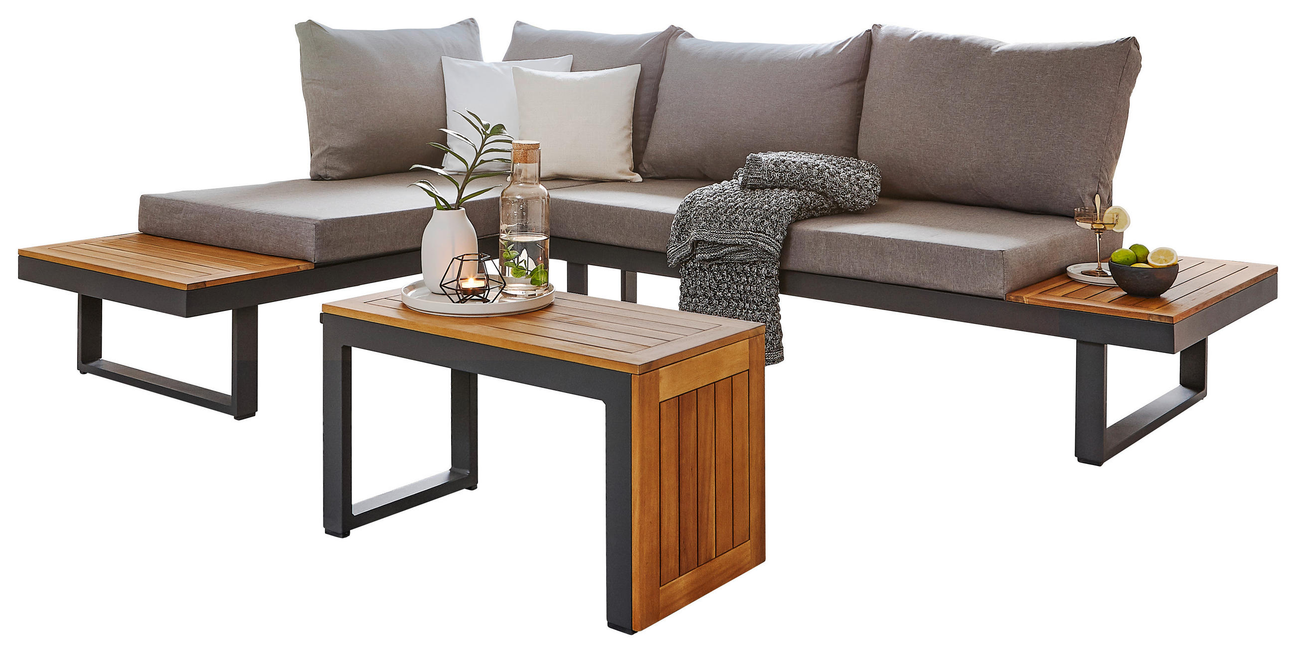 LOUNGEGARNITUR 253/183 cm Akazie massiv Aluminium  - Anthrazit/Hellgrau, Design, Holz/Textil (253/183cm) - Amatio