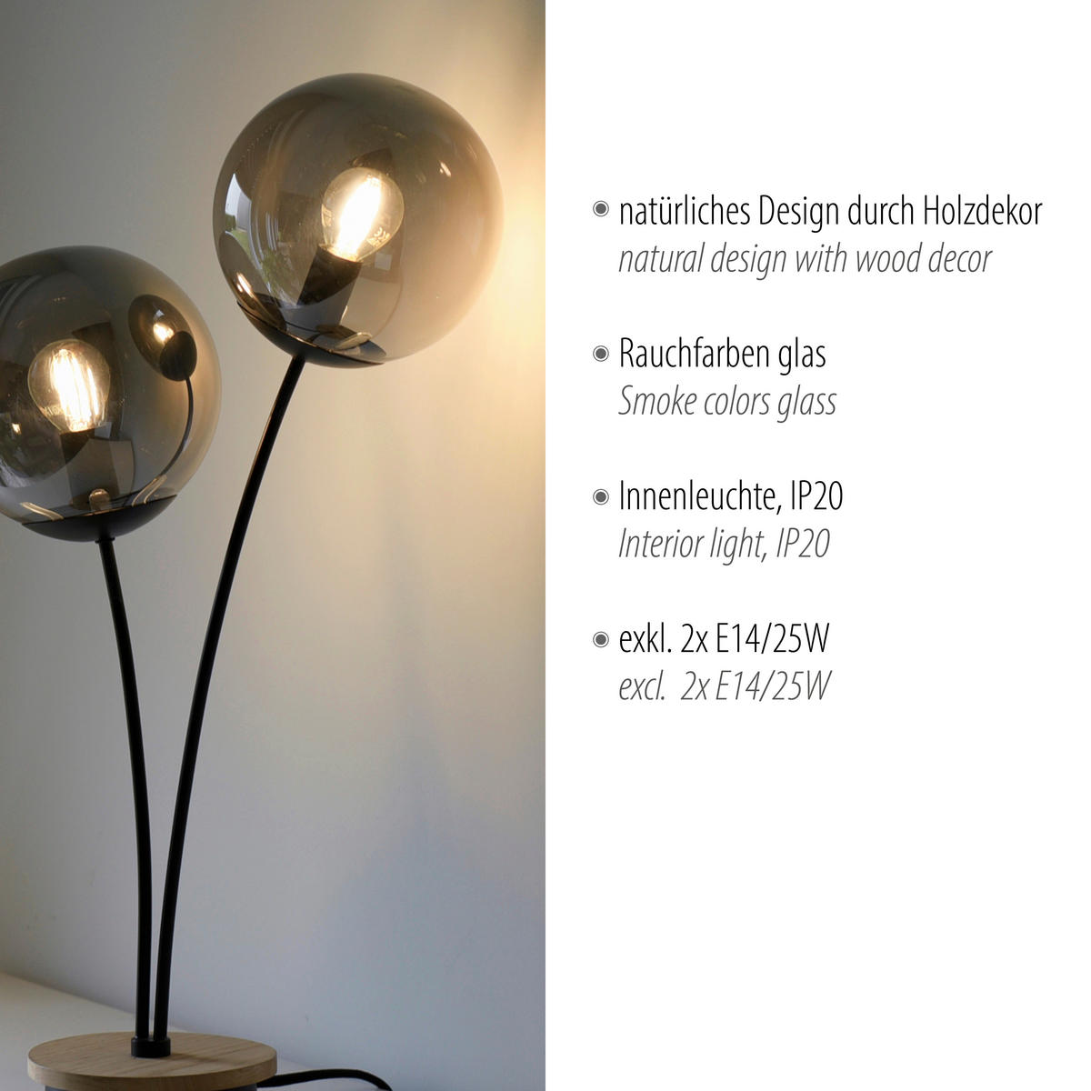 TISCHLEUCHTE 33,5/16/60 cm   - Schwarz, Natur, Glas/Holz (33,5/16/60cm)