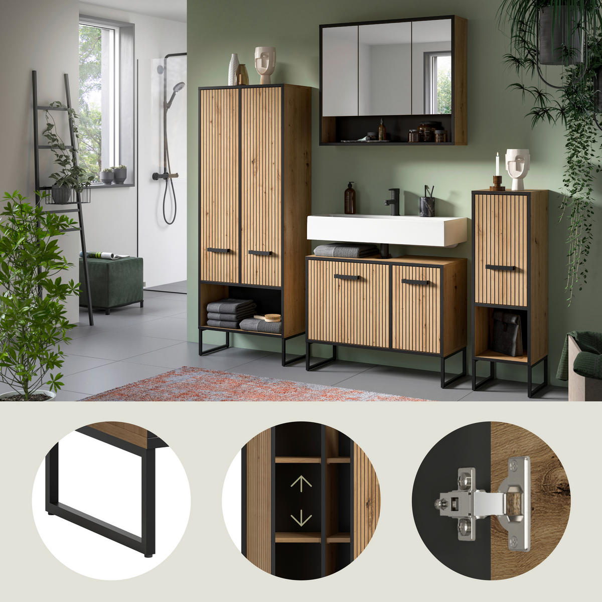 BADRUM 169 cm  - svart/ek Artisan, Trend, metall/trämaterial (169cm) - MID.YOU