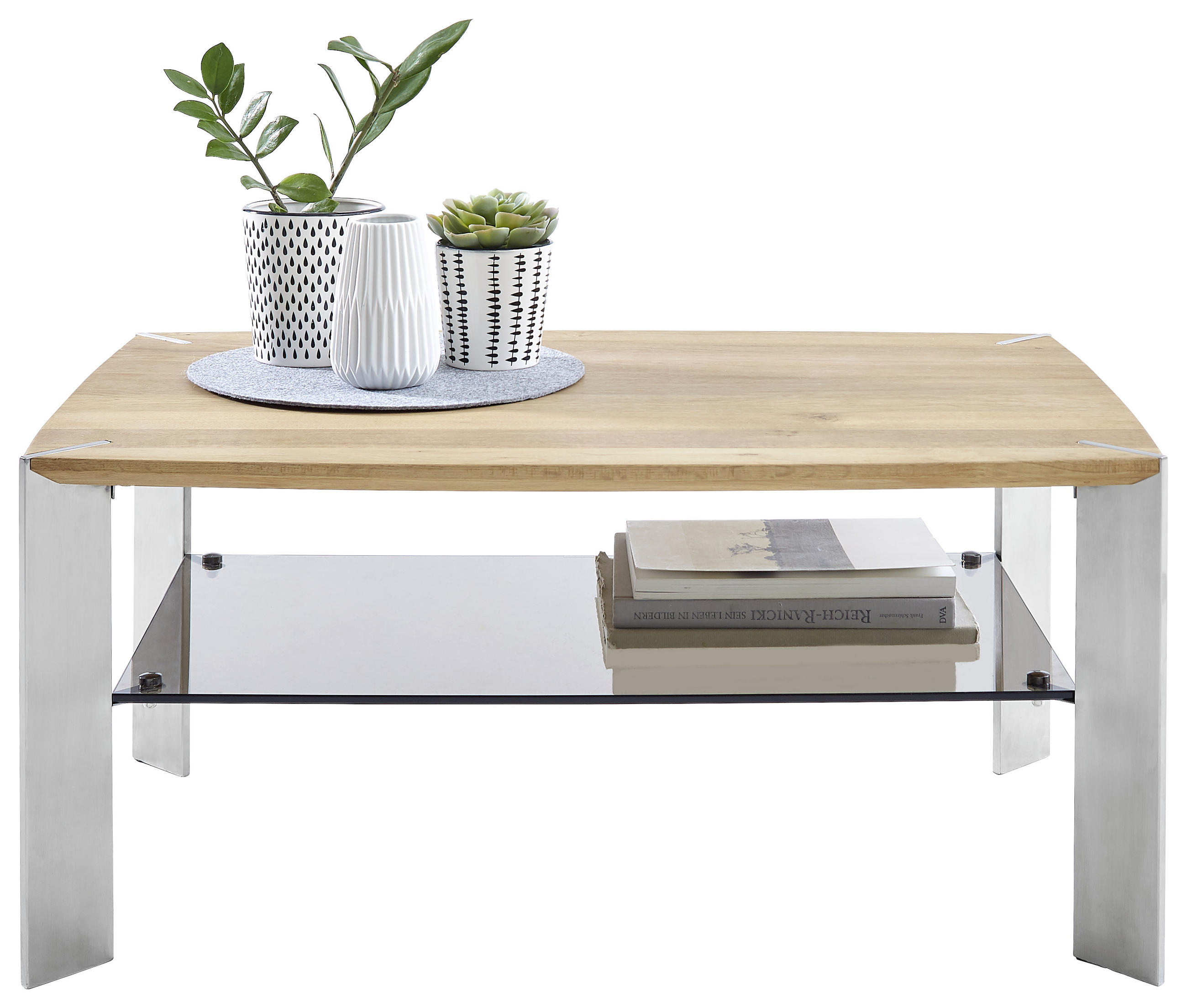 COUCHTISCH in Holz, Metall, Glas 90/60/40 cm  - Edelstahlfarben/Eichefarben, KONVENTIONELL, Glas/Holz (90/60/40cm) - Novel