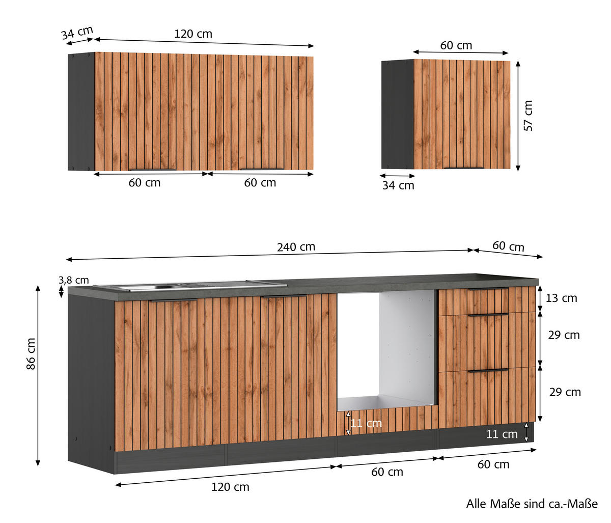 KÜCHENLEERBLOCK 240 cm   in Graphitfarben, Eiche Wotan  - Schieferfarben/Eiche Wotan, Basics, Holzwerkstoff/Metall (240cm) - Held
