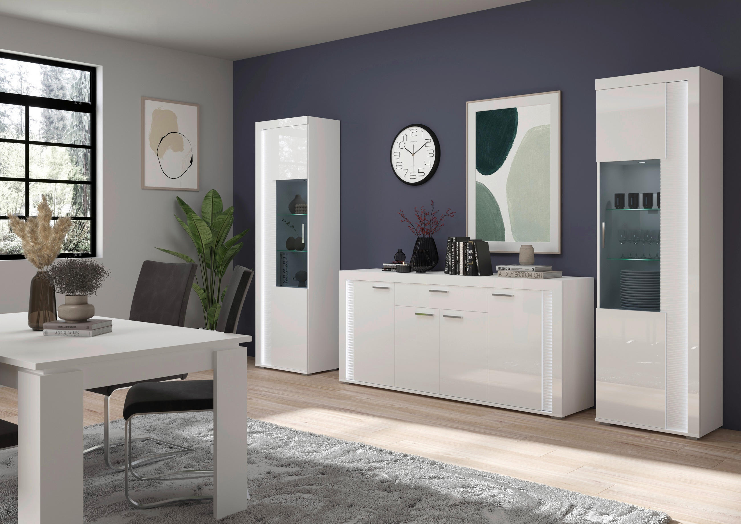 OBÝVACÍ STĚNA, vysoce lesklá bílá - barvy stříbra/vysoce lesklá bílá, Design, kompozitní dřevo/plast (332/202/42cm) - MID.YOU