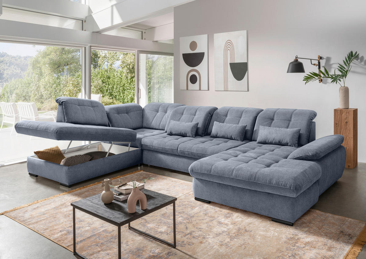 WOHNLANDSCHAFT in Chenille Hellblau  - Schwarz/Hellblau, Modern, Textil/Metall (252/387/184cm) - Livetastic