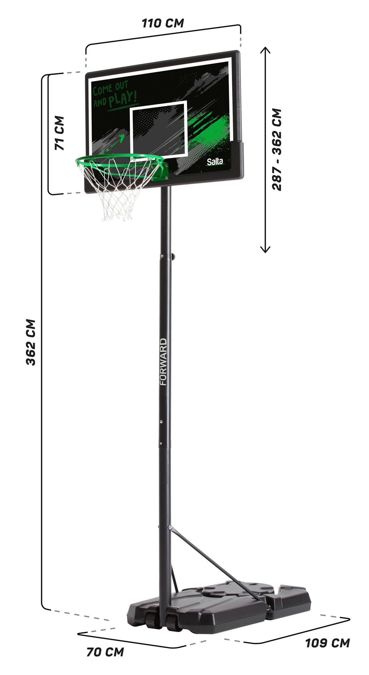 BASKETBALLSTÄNDER - Schwarz/Grün, KONVENTIONELL, Kunststoff/Metall (110/287-362/175cm) - Salta